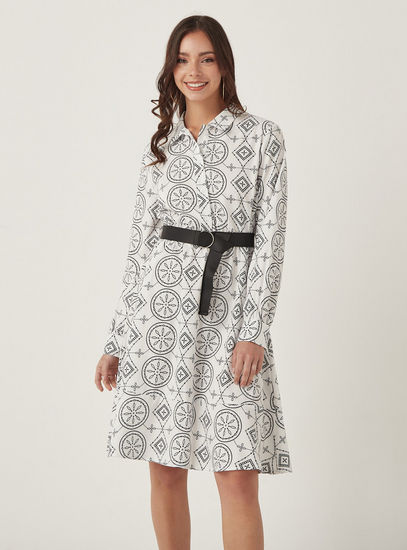 Printed Collared Dress with Belt and Long Sleeves-Mini-image-1