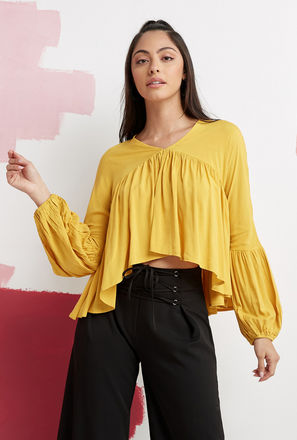 Solid V-neck Top with Long Sleeves