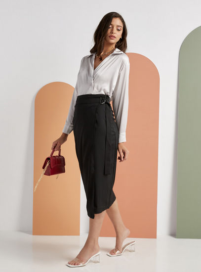 Solid Midi Wrap Skirt with Buckled Belt and Zip Closure
