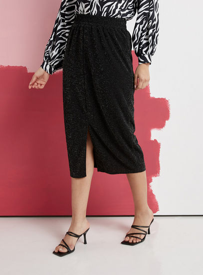 Textured Midi Skirt with Slit and Elasticated Waistband-Midi-image-0