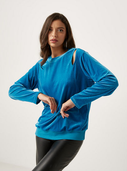 Solid Round Neck Sweatshirt with Long Sleeves and Cutout Detail
