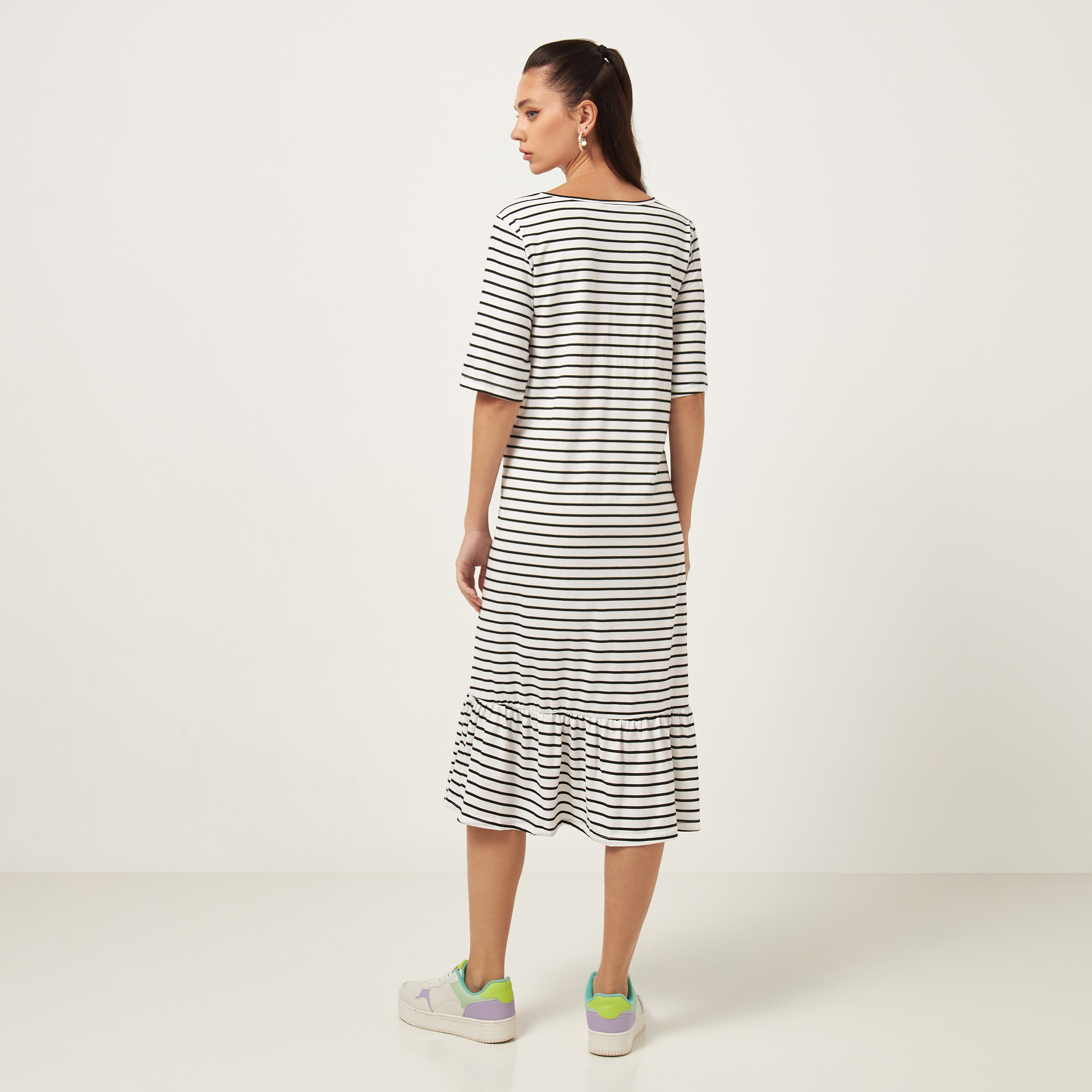 Shop Striped Midi Dress with Flounce Hem Online Max Kuwait