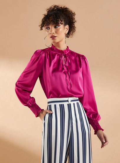 Solid Long Sleeves Top with Ruffle Neck and Tie-Ups