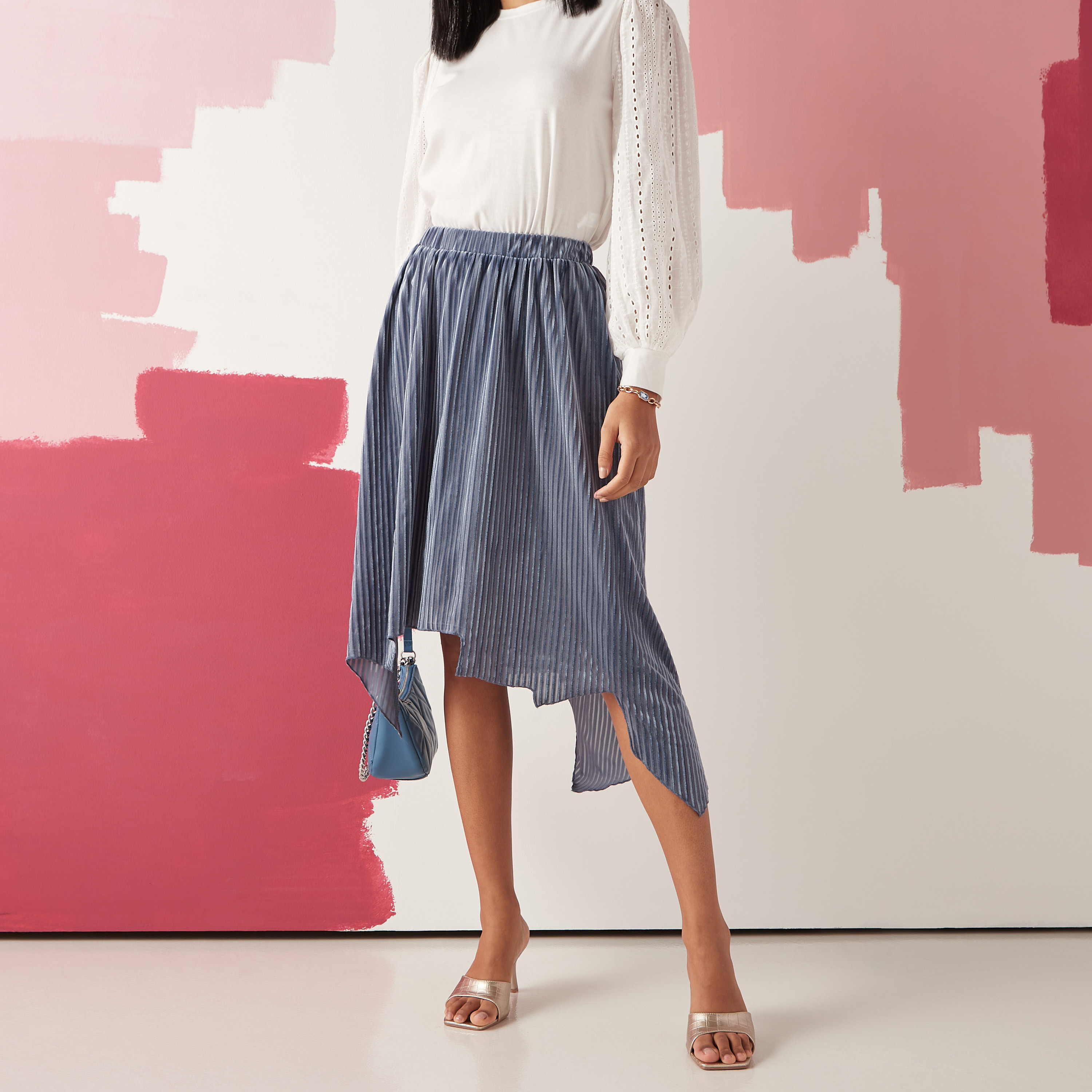 Shop Striped Asymmetrical Skirt with Elasticised Waistband Online Max UAE