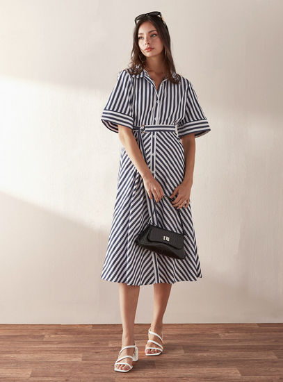 Striped Shirt Dress with Short Sleeves and Buckle Belt-Midi-image-0