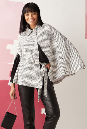 Checked Collared Cape with Button Closure and Tie-Up Belt