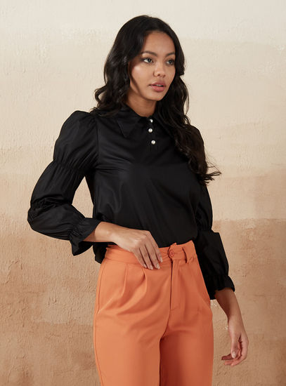 Solid Top with Collar and Pearl Button Detail