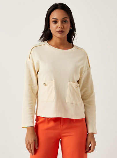 Textured Round Neck T-Shirt with Pockets and Long Sleeves