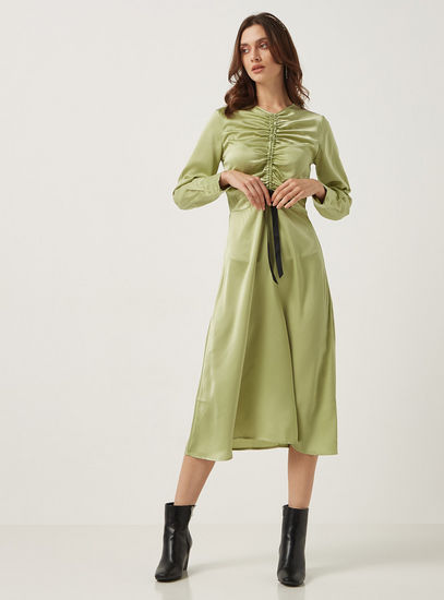 Ruched Detail Midi Dress with Tie-Ups and Long Sleeves