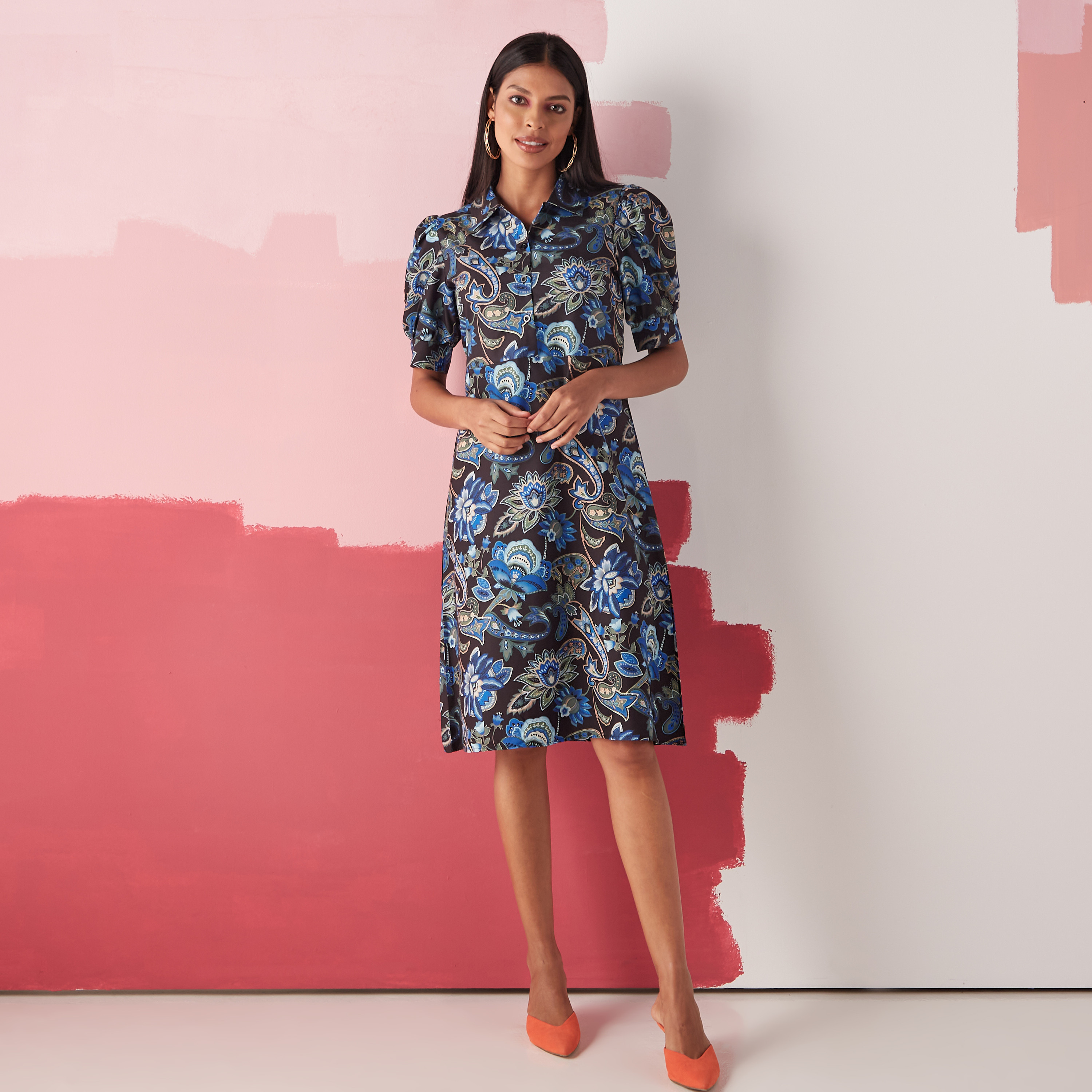 Shop Floral Print Short Sleeves Dress with Collar Online