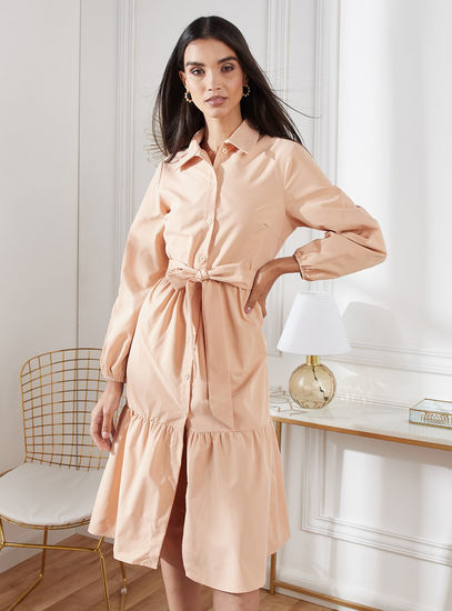 Solid Tiered Dress with Spread Collar and Belt Tie-Ups