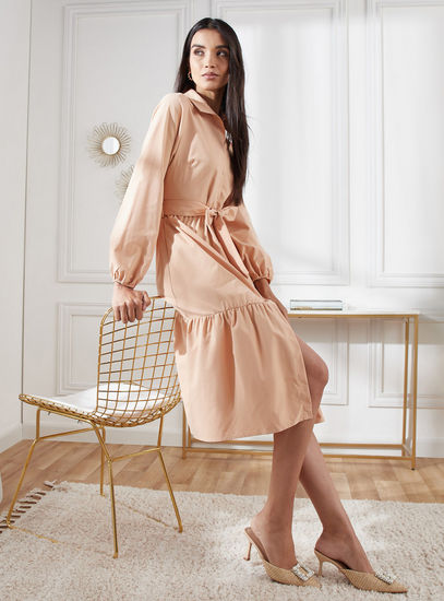 Solid Tiered Dress with Spread Collar and Belt Tie-Ups