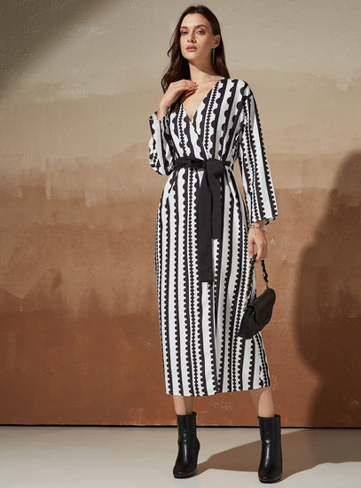 Printed V-neck Midi Dress with Tie-Up Belt and Long Sleeves