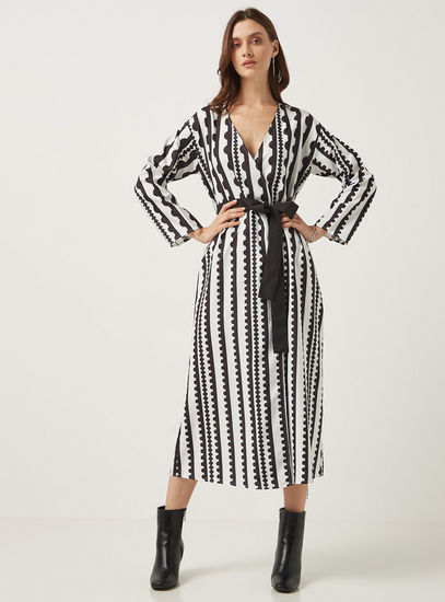 Printed V-neck Midi Dress with Tie-Up Belt and Long Sleeves