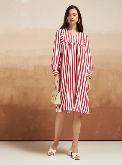 Striped Knee Length Dress with V-neck