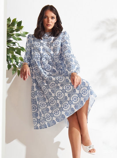 All Over Print A-line Dress with Round Neck and Long Sleeves