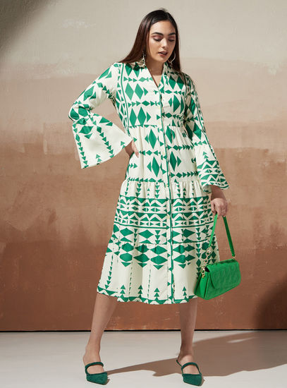 Printed Button Through Tiered Midi Dress with Bell Sleeves