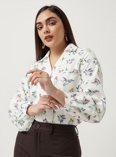 All Over Floral Print Shirt with Lace Detail and Long Sleeves