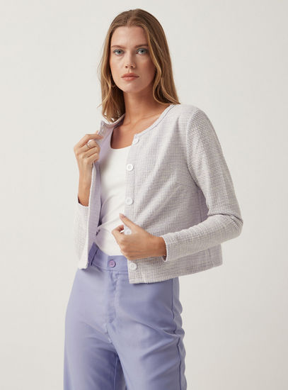 Textured Round Neck Jacket with Long Sleeves and Button Closure