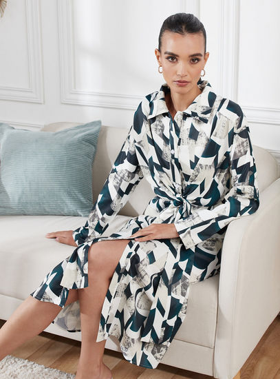 All Over Print Shirt Dress with Belt Tie-Ups and Long Sleeves