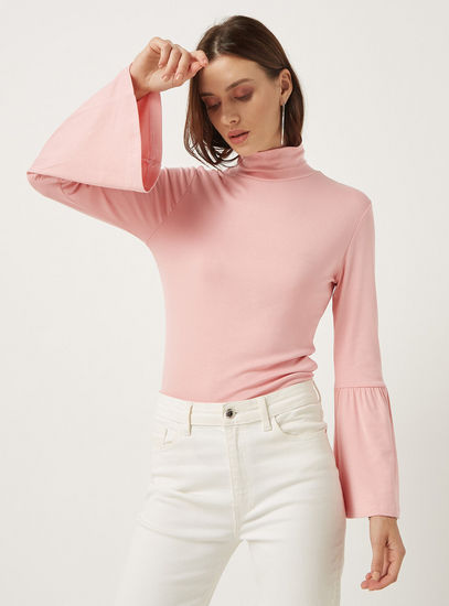 Solid Top with Turtle Neck and Bell Sleeves-Blouses-image-1
