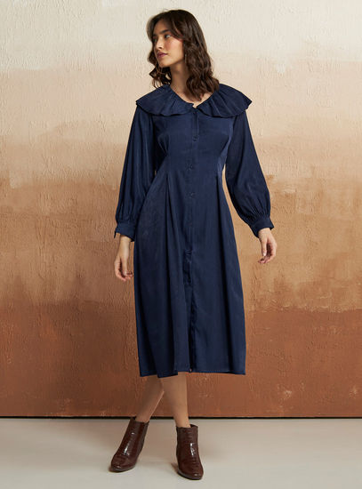 Solid Shirt Dress with Peter Pan Collar and Long Sleeves