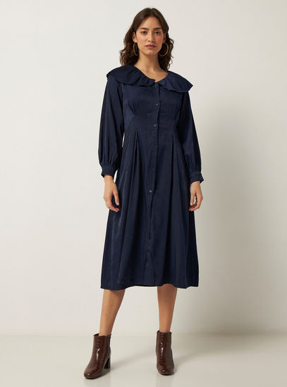 Solid Shirt Dress with Peter Pan Collar and Long Sleeves