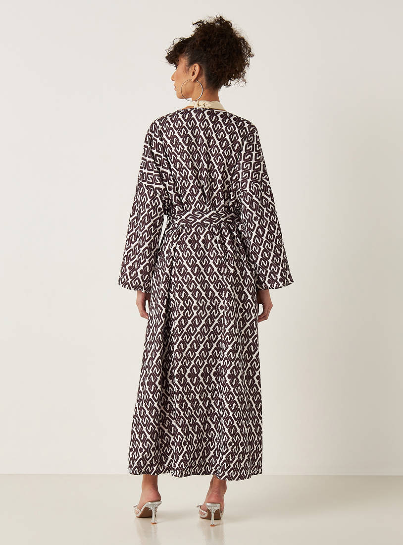 All Over Print Longline Shrug with Long Sleeves and Tie-Up Belt-Kimonos & Shrugs-image-1