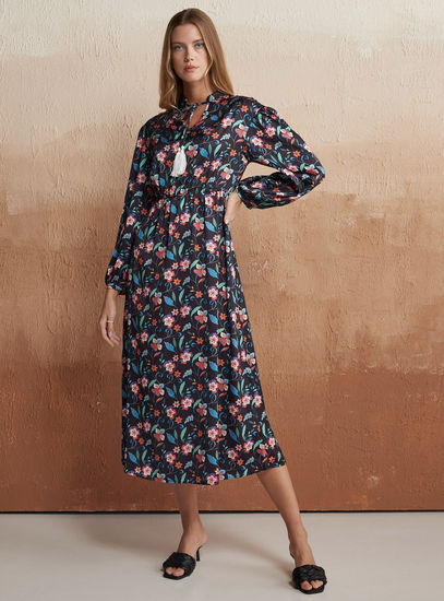 All Over Floral Print Long Sleeves Midi Dress with Tie-Up Detail