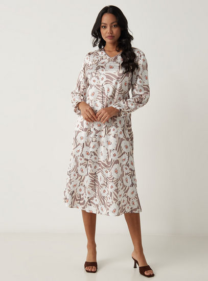 All Over Floral Print Dress with V-neck and Long Sleeves-Midi-image-1