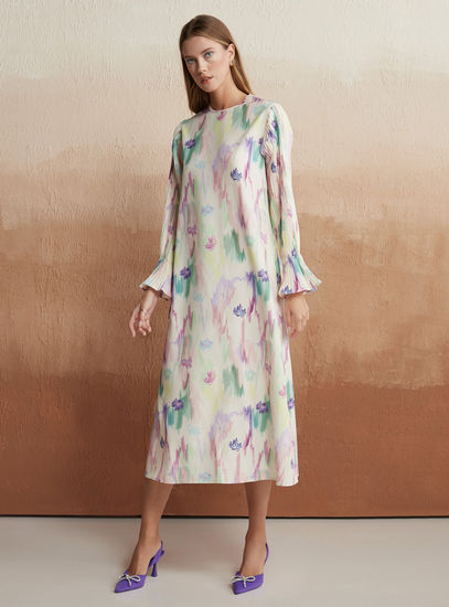 All Over Printed Long Sleeves Midi Dress with Crew Neck