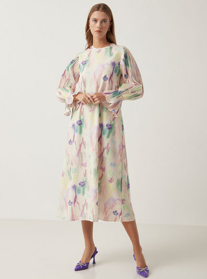 All Over Printed Long Sleeves Midi Dress with Crew Neck