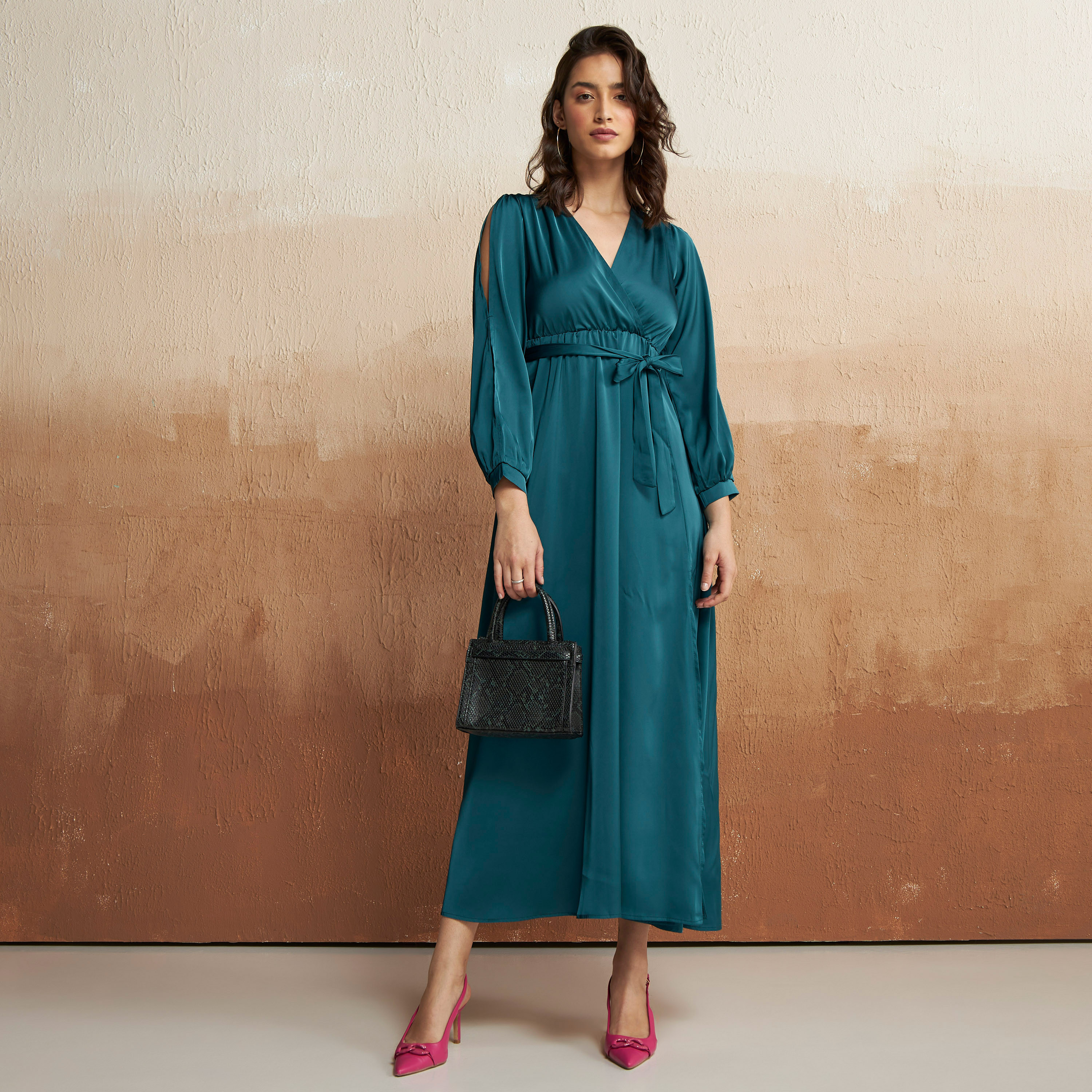 Shop Plain Long Sleeves Maxi Dress with Tie Up Belt and Slit