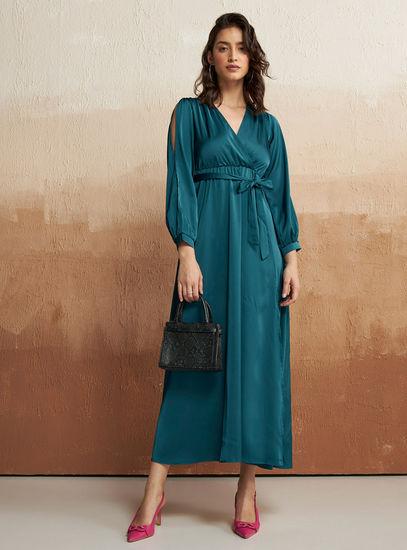 Solid Long Sleeves Maxi Dress with Tie-Up Belt and Slit Detail