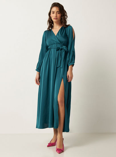 Solid Long Sleeves Maxi Dress with Tie-Up Belt and Slit Detail