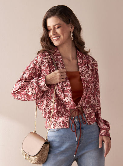 All Over Floral Print Crop Jacket with Long Sleeves and Tie-Up Detail-Jackets-image-0
