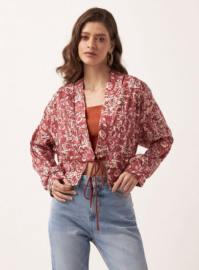 All Over Floral Print Crop Jacket with Long Sleeves and Tie-Up Detail-Jackets-image-1