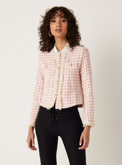 Checked Round Neck Jacket with Fringes and Button Closure