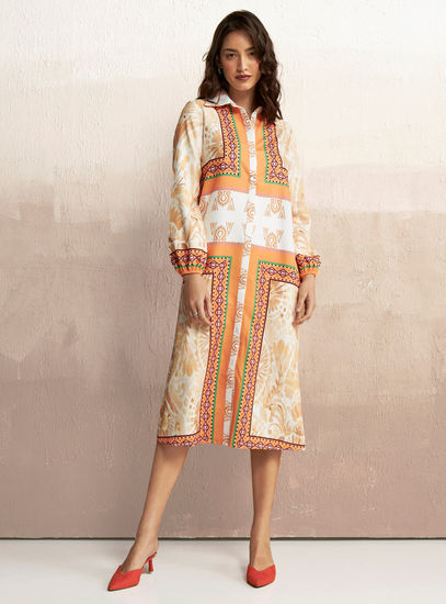 Printed Shirt Dress with Spread Collar and Long Sleeves-Midi-image-0