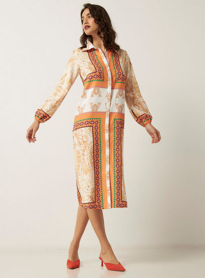 Printed Shirt Dress with Spread Collar and Long Sleeves-Midi-image-1