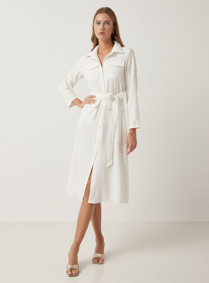 Solid Midi Shirt Dress with Tie-Up Belt and Pockets