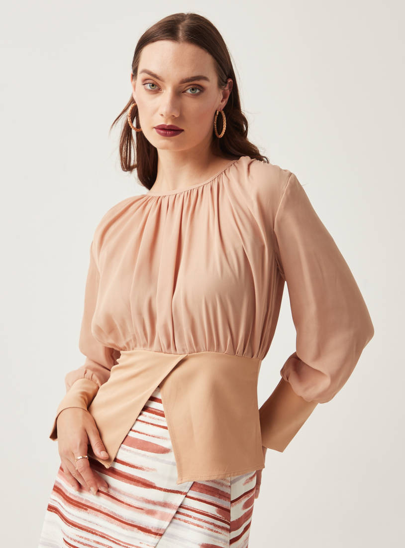Solid Long Sleeves Top with Round Neck and Gathered Detail-Blouses-image-1