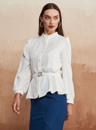 Solid Long Sleeves Top with Buckle Belt Detail