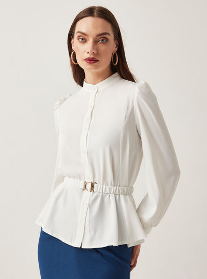 Solid Long Sleeves Top with Buckle Belt Detail