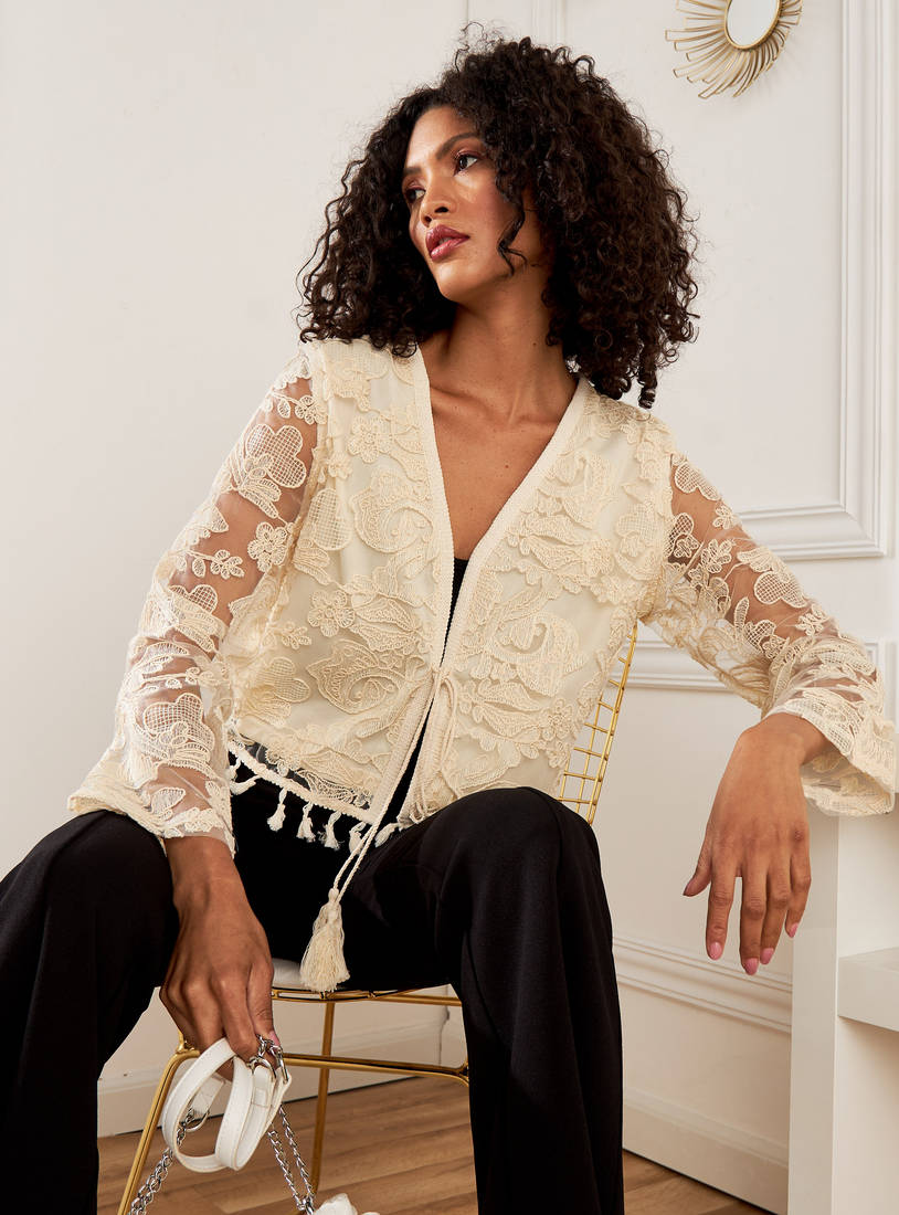 Lace Textured Shrug with Tassels and Tie-Ups-Kimonos & Shrugs-image-0