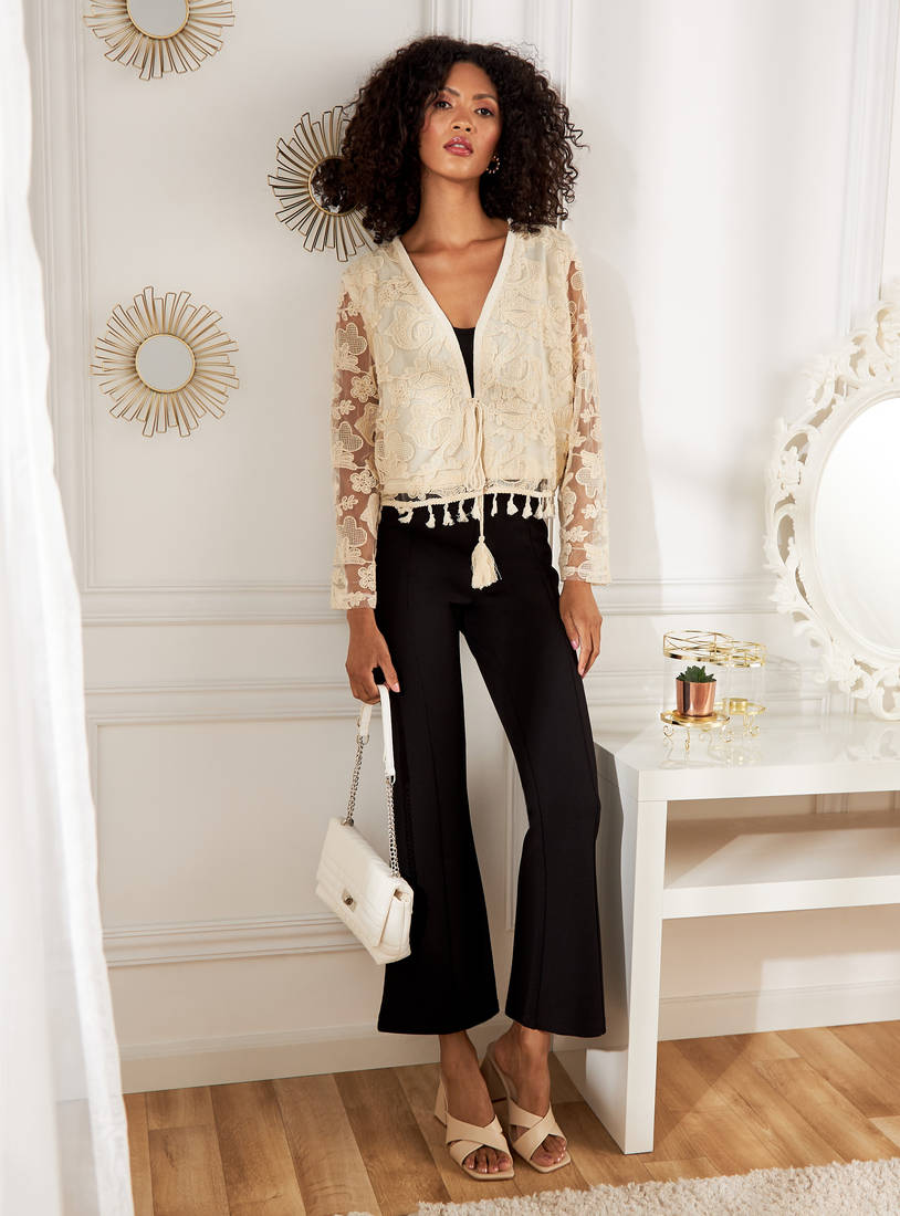 Lace Textured Shrug with Tassels and Tie-Ups-Kimonos & Shrugs-image-1