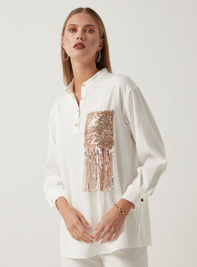 Sequin Embellished Top with Long Sleeves and Fringe Detail