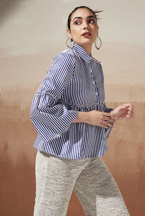 Striped Peplum Shirt with Collar and Long Sleeves