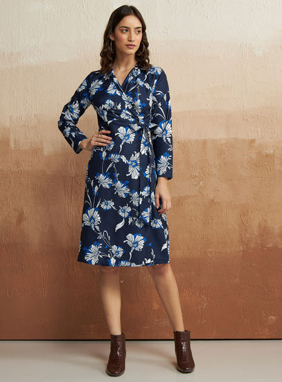 All Over Floral Print Wrap Dress with V-neck and Long Sleeves