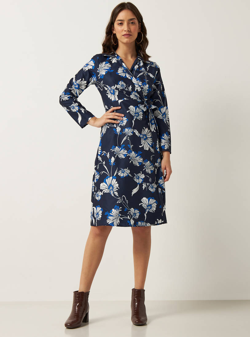 All Over Floral Print Wrap Dress with V-neck and Long Sleeves-Knee-image-1